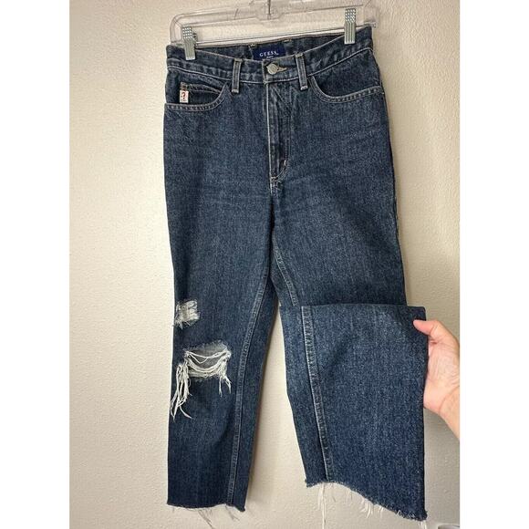 Guess Dark Blue Wash Distressed Slim Leg Raw Hem Denim Jeans 28 - Picture 3 of 16